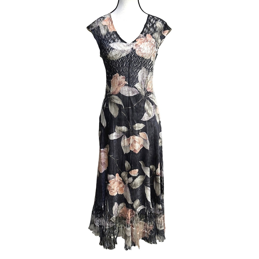 Komarov Floral Crinkle Maxi Dress S Lace Trim Whimsigoth Fairycore Wedding Guest